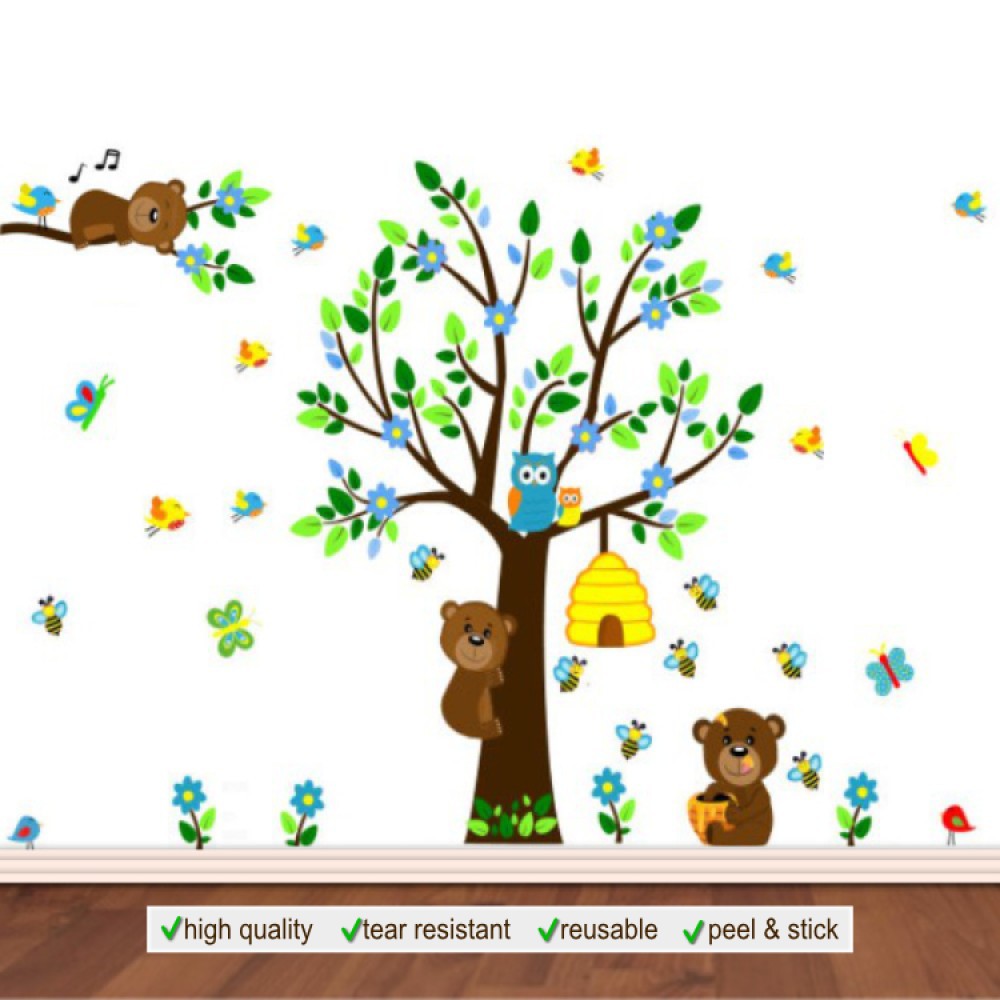 Three Honey Bears Wall Decal Stickers with Bees