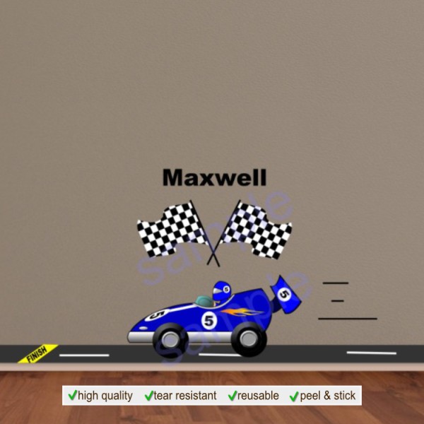 Race Car Wall Decal and Custom Name Sticker - blue