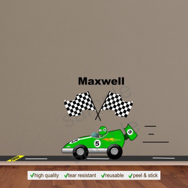 Green Race Car Wall Decal and Name Custom Name Sticker