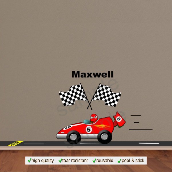 Red Race Car Wall Decal and Custom Name Sticker