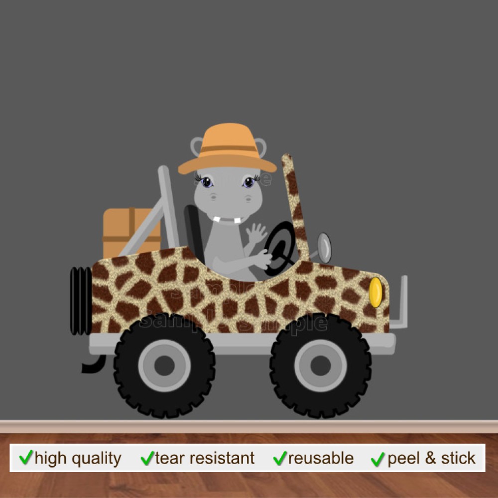 Hippo Driving Giraffe Safari Jeep Wall Decal Sticker