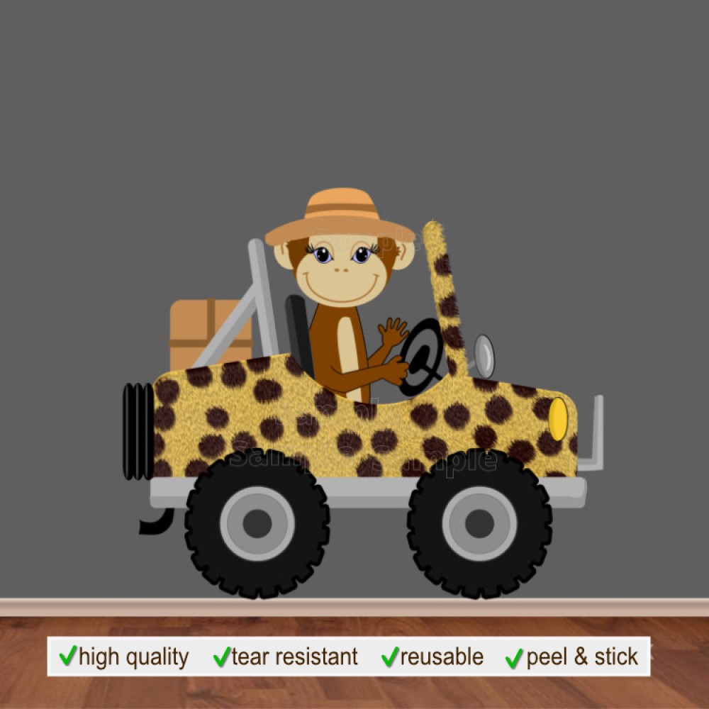 Monkey Driving Cheetah Prints Safari Jeep Wall Decal Sticker