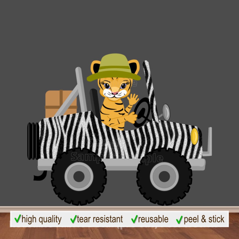 Tiger Driving Cheetah Prints Safari Jeep Wall Decal Sticker