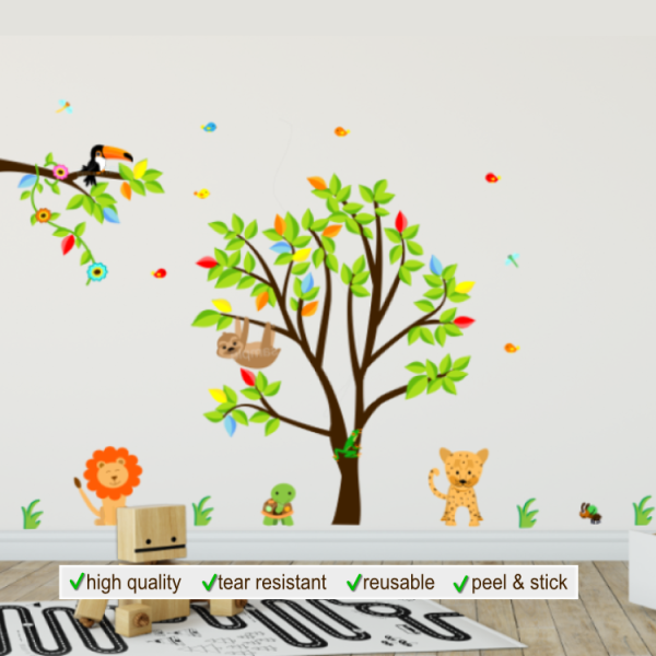 Rainforest Animals Wall Decals with Brown Tree