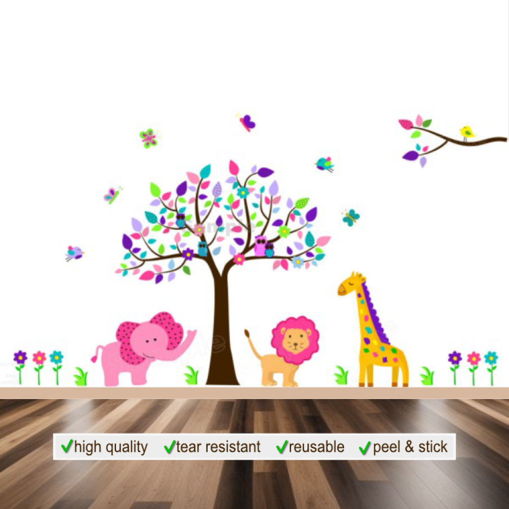 Jungle Wall Decals Animal Buddies with Brown Tree