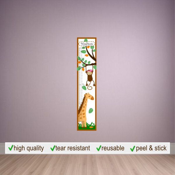 Giraffe and Girl Monkey Growth Chart Wall Decal - Reusable